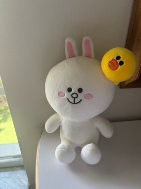 White Cony Bunny Line Friends Plush with magnetic Yellow Duck